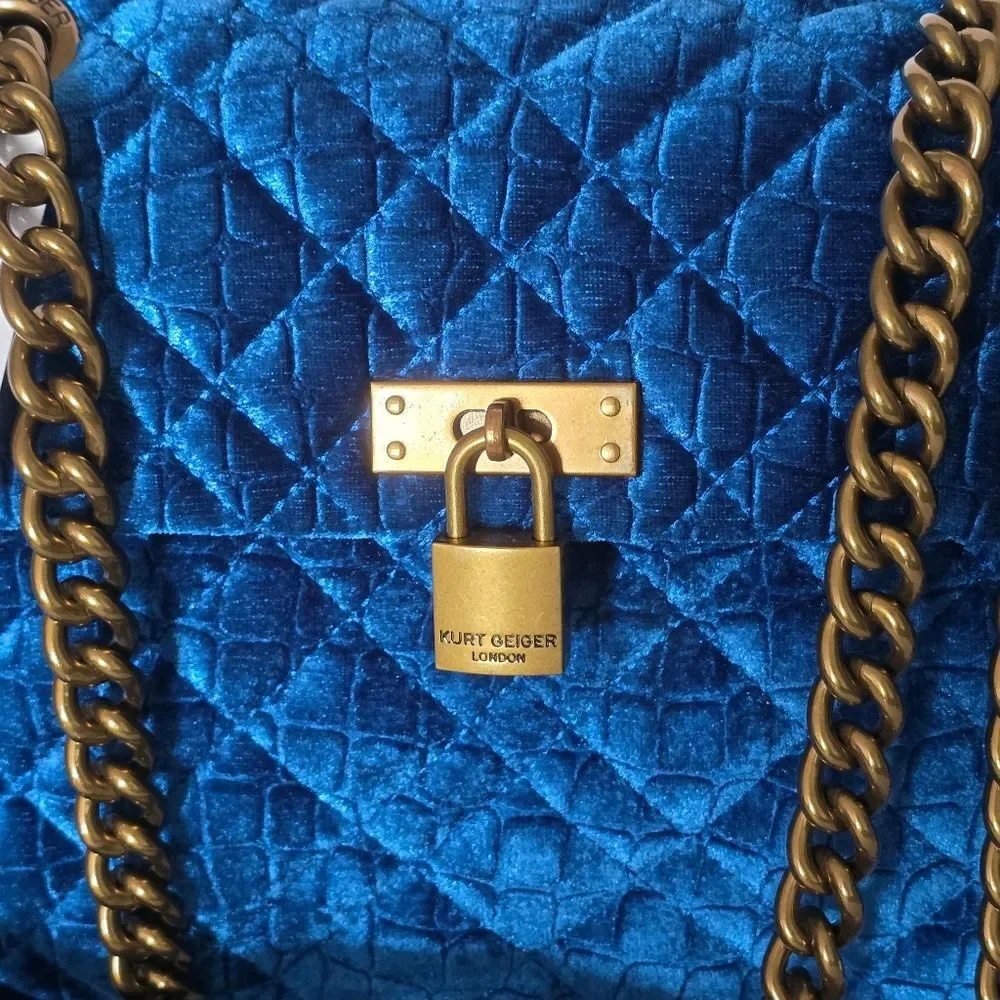 Kurt Geiger London Teal Velvet Large Brixton Convertable Lock Bag